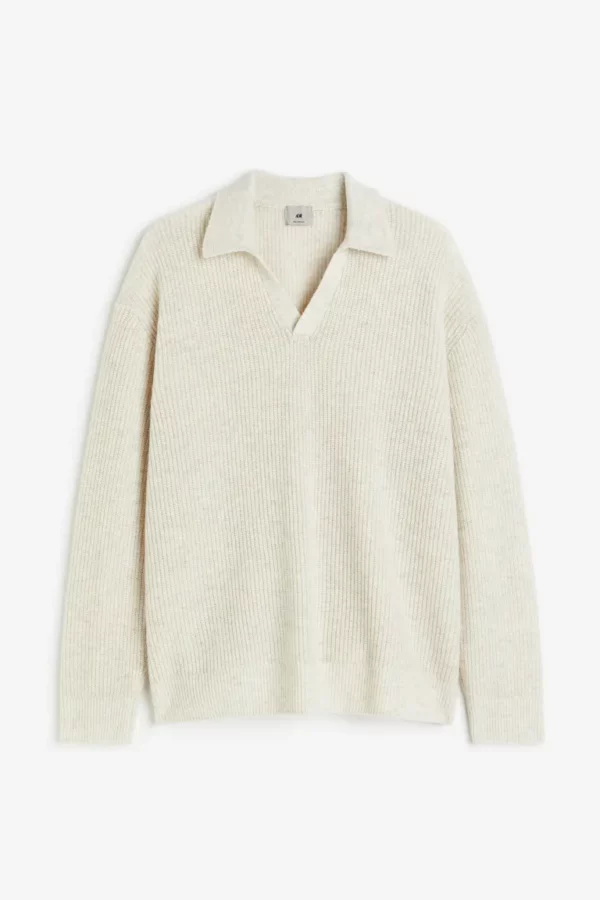 Pull Relaxed Fit en laine avec col Beige